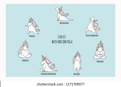 Hand drawn cute unicorn set in yoga pose