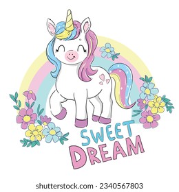 Hand Drawn cute unicorn in a sketch style with flowers childrens print Vector Illustration