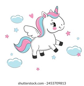 Hand Drawn cute unicorn style kids print Vector Illustration