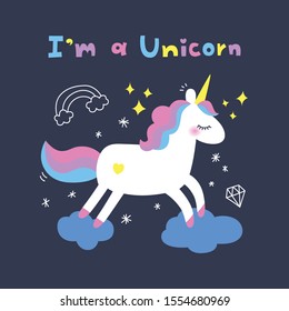 Hand Drawn Cute Unicorn Vector Illustration. Cute Little Magical Rainbow Unicorn. Little Pony.
