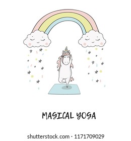 Hand drawn cute unicorn in yoga pose