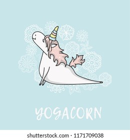 La mano dibujó unicornio lindo en la pose de yoga