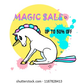 Hand drawn cute unicorns, abstract background, text Magic Sale. Discount banner.