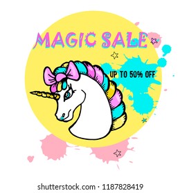 Hand drawn cute unicorns, abstract background, text Magic Sale. Discount banner.