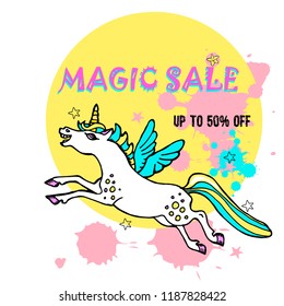 Hand drawn cute unicorns, abstract background, text Magic Sale. Discount banner.