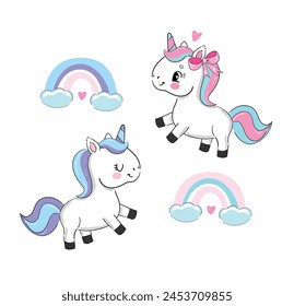 Hand Drawn cute unicorns and rainbows sketch style kids print Vector Illustration