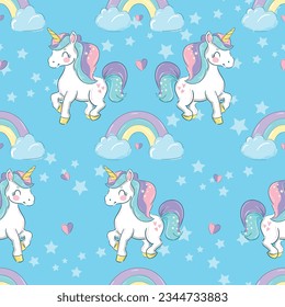 Hand drawn Cute Unicorns and Stars and Rainbow on a Blue Background, Kids trend print for textiles, papers, nursery