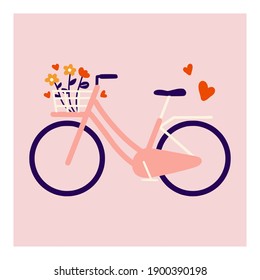 Hand drawn Cute valentine day greeting card with Bicycles with full of Flowers bouquet in front basket flat vector illustration.Postcards, Art print, Flyers, invitation, poster, brochure, banner.