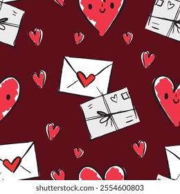 Hand Drawn cute Valentine's Day Seamless Pattern with Cards and Hearts vector