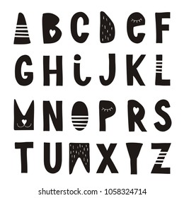 Hand Drawn Cute Vector Alphabet. Black Childish Style Letters. Scandinavian Style Graphic. Nursery Art. Simple Abstract Design. White Background. Hand Written Letters.