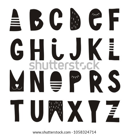 Hand Drawn Cute Vector Alphabet. Black Childish Style Letters. Scandinavian Style Graphic. Nursery Art. Simple Abstract Design. White Background. Hand Written Letters.