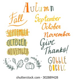 Hand drawn cute vector autumn lettering set