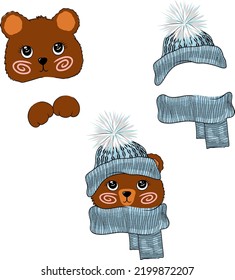 Hand Drawn Cute Vector Bear Set. Cute Bear Face, Bear Face In Knited Hat And Scarf, Only Knitted Hat And Scarf. Bear Paw. Pretty Illustration For Babyshower, Card, Sticker, Poster. Teddy Head