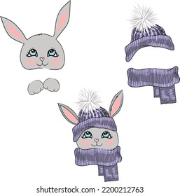 Hand drawn cute vector bunny set. Cute hare face, bunny face in knited hat and scarf, only knitted hat and scarf. rabbit paw. Pretty illustration for babyshower, card, sticker, poster. Bunny head
