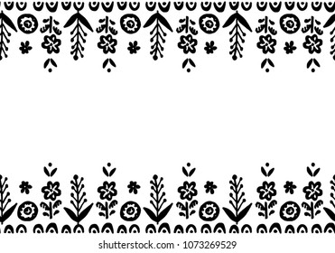 Hand drawn cute vector canvas. Simple doodle floral elements. Scandinavian style. Black and white.