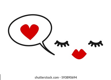 Hand Drawn Cute Vector Card With Eyelashes Red Lips And Speech Bubble Heart