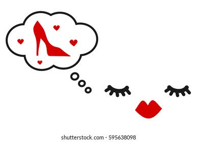 hand drawn cute vector card with eyelashes, red lips and speech bubble with shoes

