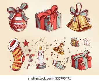 Hand drawn cute vector christmas illustration with ball, present, bell. New year vintage decoration. Holiday elements