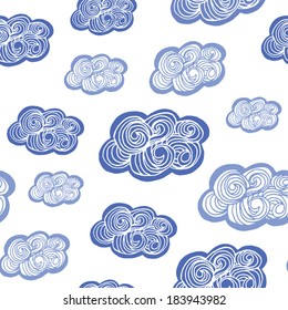 Hand Drawn Cute Vector Cloud Repeating Background Pattern with Swirls
