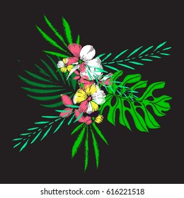 Hand Drawn Cute Vector Embroidery. Exotic Tropical Plants And Flowers..