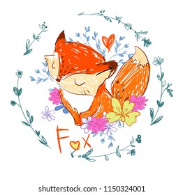 Hand Drawn Cute Vector Fox and Flowers 