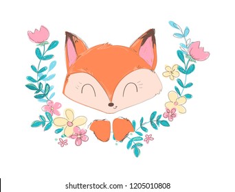 Hand Drawn Cute Vector Fox and Flowers 