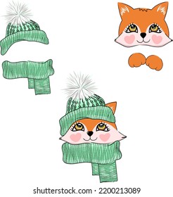 Hand drawn cute vector fox set. Cute fox face, fox face in knited hat and scarf, only knitted hat and scarf. fox paw. Pretty illustration for babyshower, card, sticker, poster. 