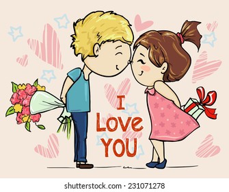 Hand Drawn cute vector illustration with girl and boy, love Valentine's Day design