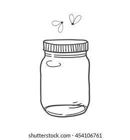 Hand drawn cute vector illustration of a mason jar with fireflies, summer, dreams, wedding and romance concept illustration