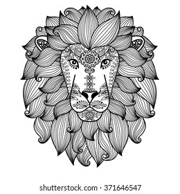 Hand drawn cute vector lion head with ethnic floral pattern. Black line illustration on white background.