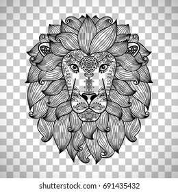 Hand drawn cute vector lion head with ethnic floral pattern isolated on transparent background