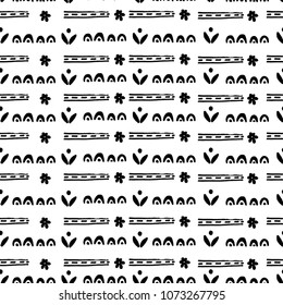 Hand drawn cute vector pattern. Simple doodle floral elements. Scandinavian style. Black and white.