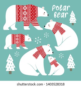 Hand drawn cute vector polar bears in winter clothes. Perfect for tee shirt logo, greeting card, poster, invitation or print design. You can find the matching seamless pattern in my Christmas set. 