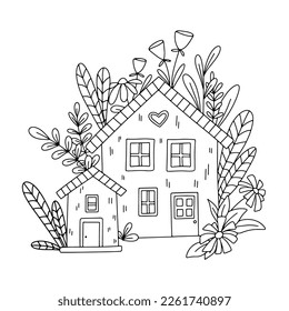 Hand drawn cute vector small house in forest. Little rural dwarf home isolated on white. Outline childish illustration for coloring book