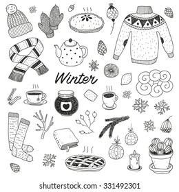 hand drawn cute vector winter set isolated on a white background