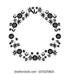 Hand drawn cute vector wreath. Simple doodle floral elements. Scandinavian style. Black and white.