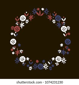 Hand drawn cute vector wreath. Simple doodle floral elements. Scandinavian style. Black and white.
