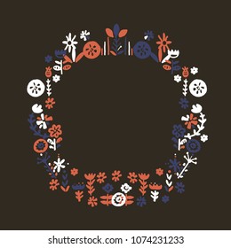 Hand drawn cute vector wreath. Simple doodle floral elements. Scandinavian style. Black and white.