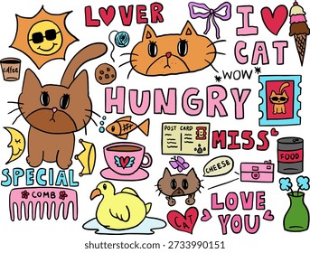 Hand drawn cute vectors of cat, sun wearing sunglasses, I heart CAT letters, ice cream cone, fish, post card, comb, coffee cup, duck, LOVE YOU letters, stamp, food can, cookie, camera, flower vase