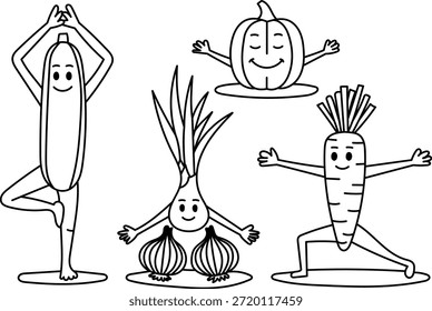 Dibujado a mano lindos personajes de yoga vegetal ilustración para un estilo de vida saludable y concepto de atención plena