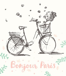 Hand Drawn Cute Vintage Bicycle With Flying Flowers, Bonjour Paris, Vector Illustration