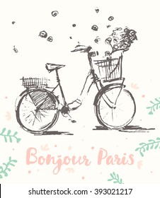 Hand drawn cute vintage bicycle with flying flowers, Bonjour Paris, vector illustration