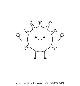 Hand drawn cute virus cartoon character spreading love sketch outline