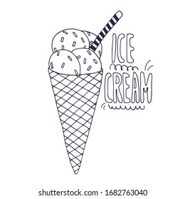 Cono de gofre tierno dibujado a mano, cuatro bolas de helado, polvo dulce, rollo de chocolate aislado en un fondo blanco. Inscripción Helado y elementos de las líneas. Dibujo plano dulce, iconos vectoriales