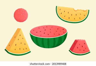 Hand drawn cute watermelon set. Illustration of watermelon ball, half watermelon, and watermelon slices