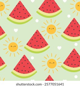 Hand drawn cute watermelon with sun seamless pattern. Suitable for use for wallpaper, backdrop, wrapping paper, fabrics, textile, packaging, etc