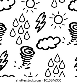 Hand drawn cute weather doodles seamless background. Line art style, black and white. Elements include tornado, lightening strike, sunshine, rain and clouds