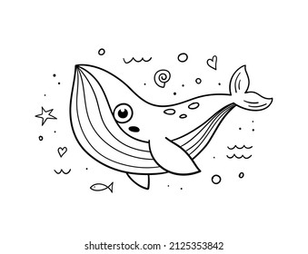 La mano dibujó una ballena linda. Estilo de dibujo de Doodle. Un simple y gracioso animal marino. Ilustración vectorial lineal.