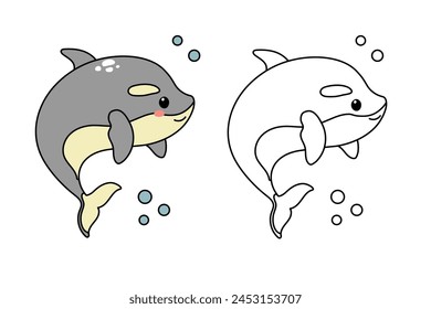 Hand drawn cute whale killer. Marine life animals. Coloring page template. Isolated vector illustration 