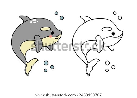 Hand drawn cute whale killer. Marine life animals. Coloring page template. Isolated vector illustration 